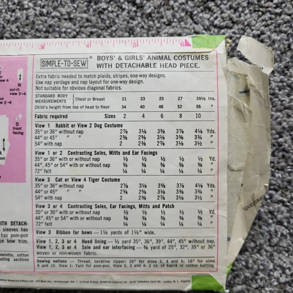 VGT Simplicity Sewing Pattern Child's Halloween Costumes SZ 10 Bunny Lamb Kitten